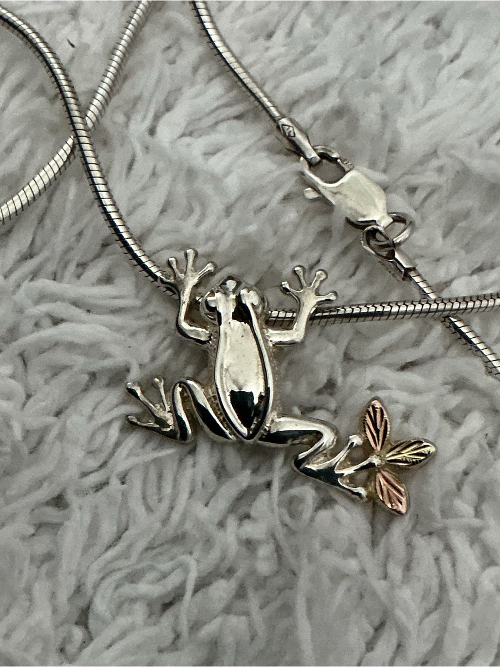 Sterling Frog with 12K Leaves on 925 Long Italy Rope Chain